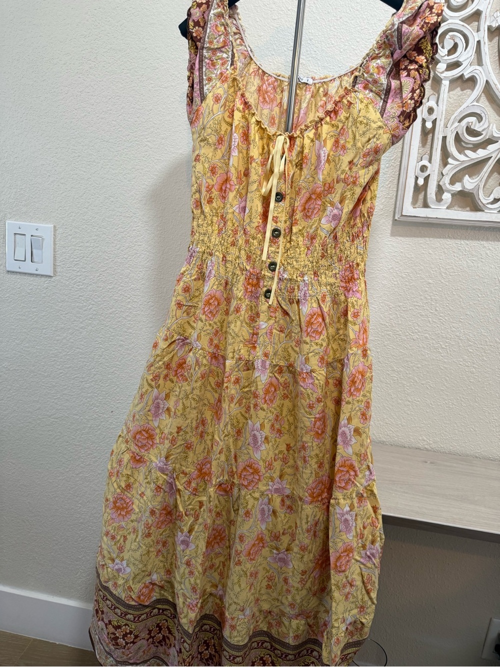 Ost Yellow Floral Smocked Midi Dress with Button Tie Neck